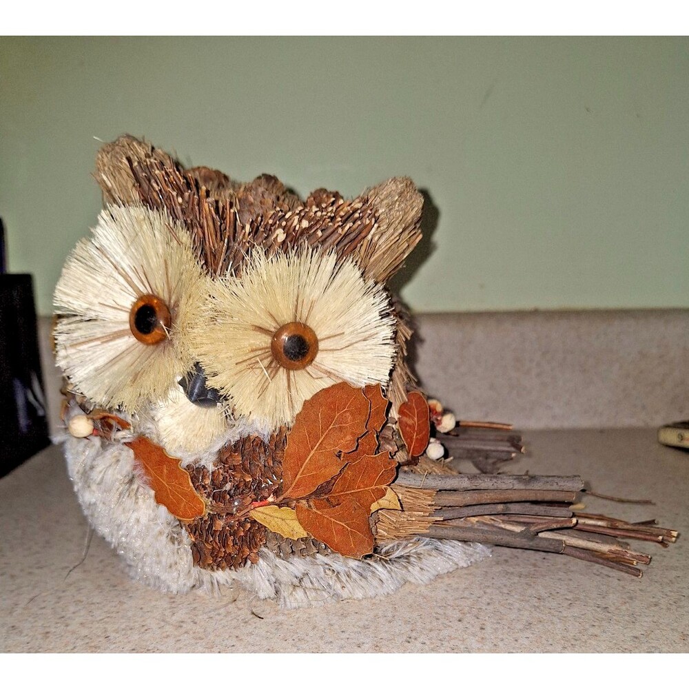 Vintage Folk Art Owl Made Of Leaves And Twigs